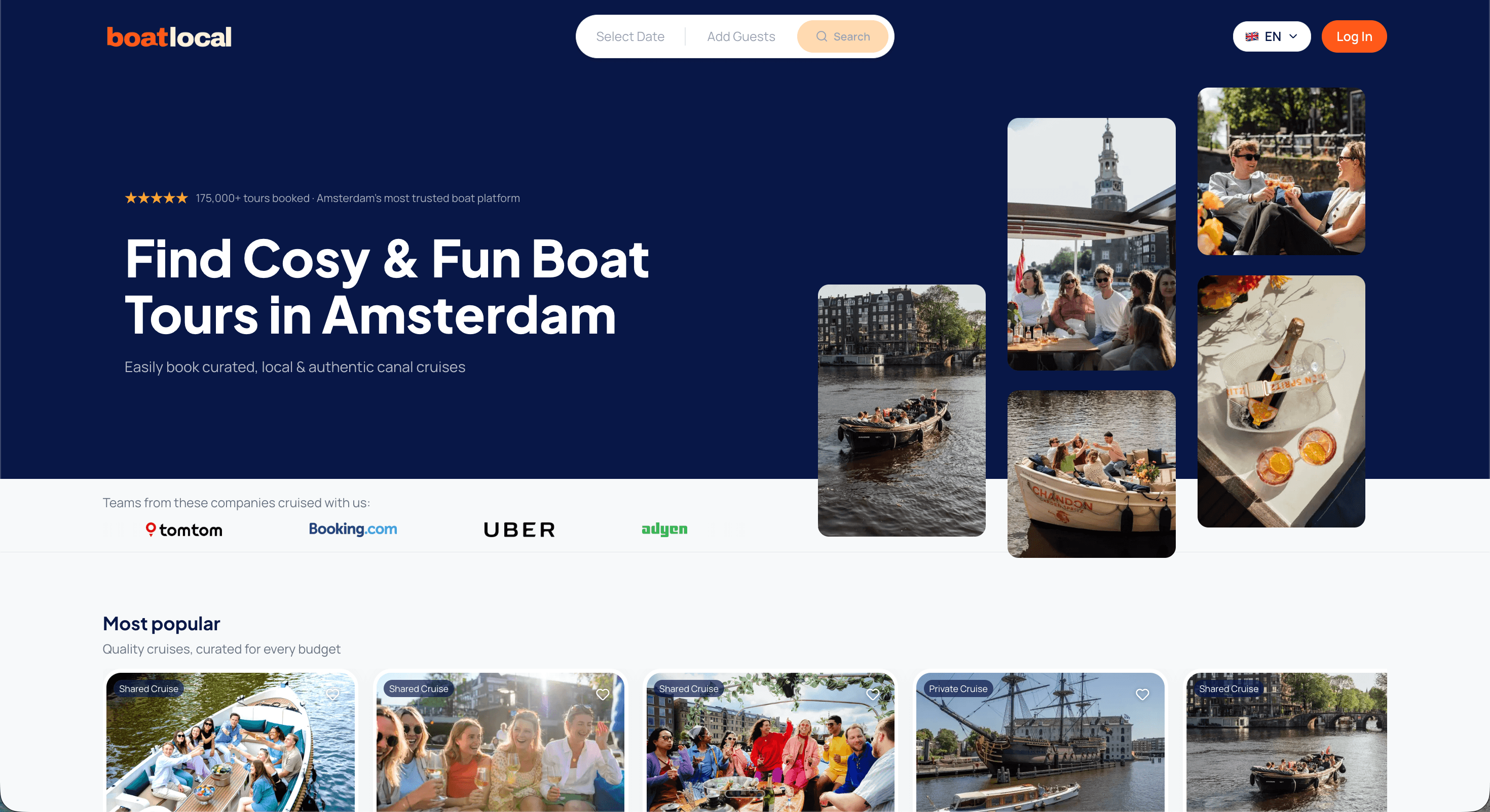 BoatLocal booking platform — Amsterdam canal tour listings with live availability