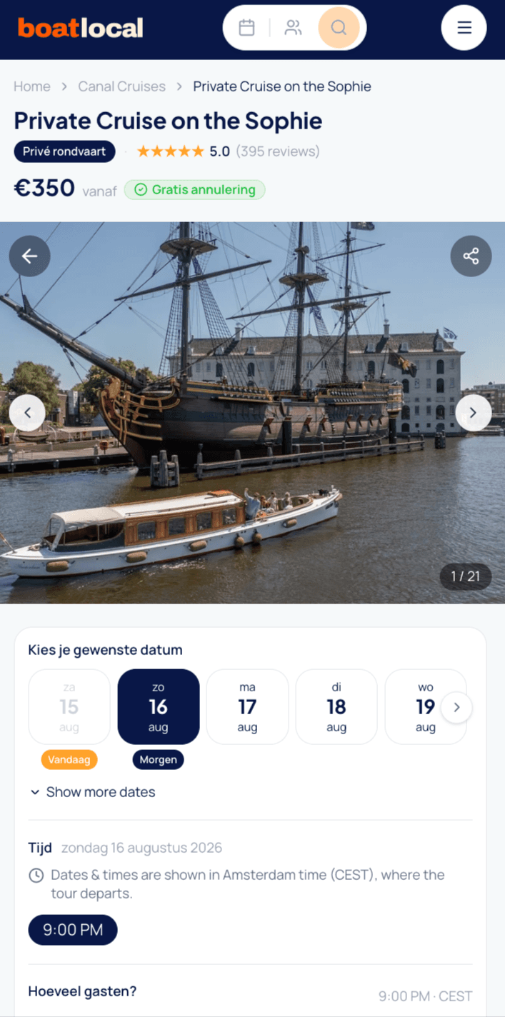 BoatLocal booking flow on a phone — picking a tour date and time