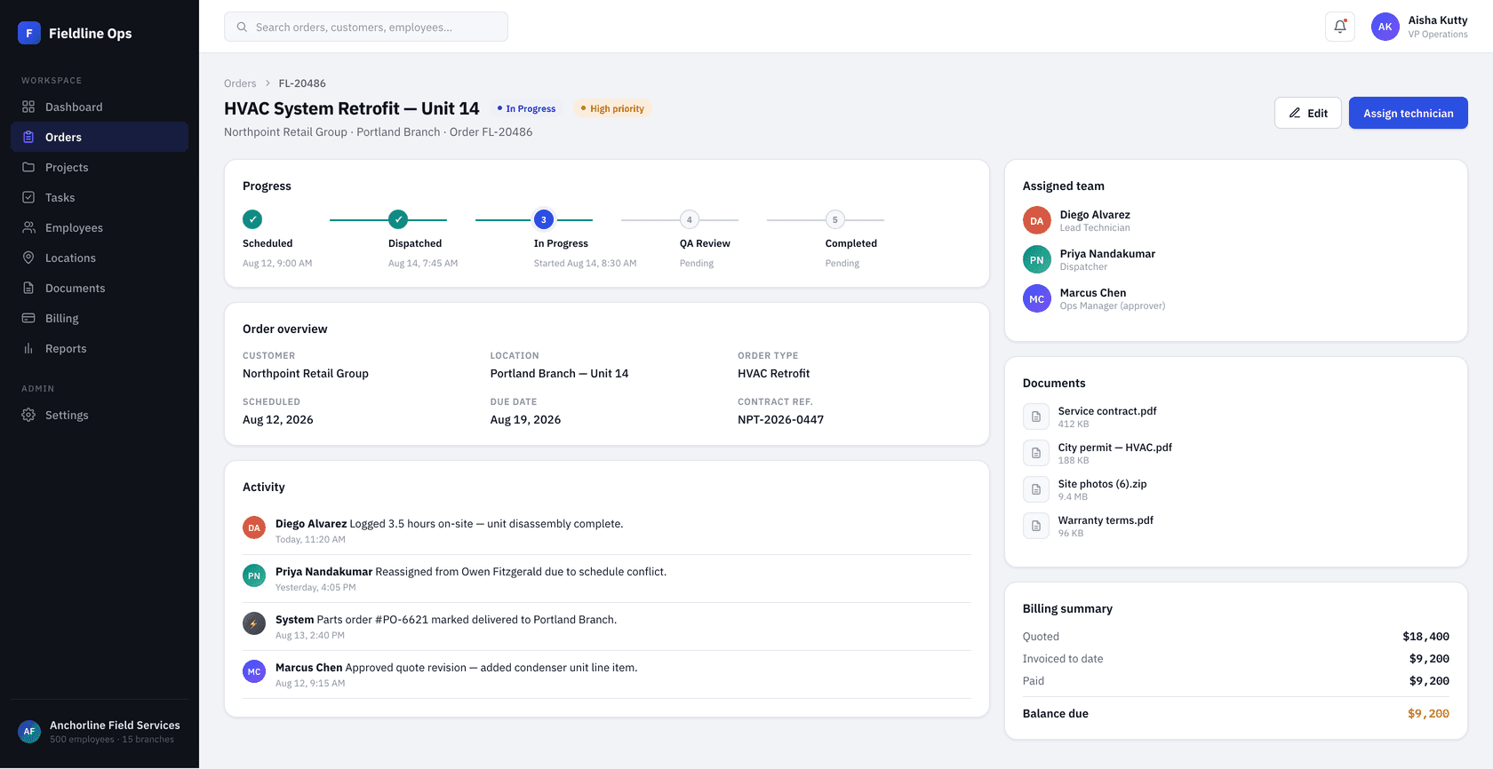 An order's full record — progress, assigned team, documents and billing in one place.
