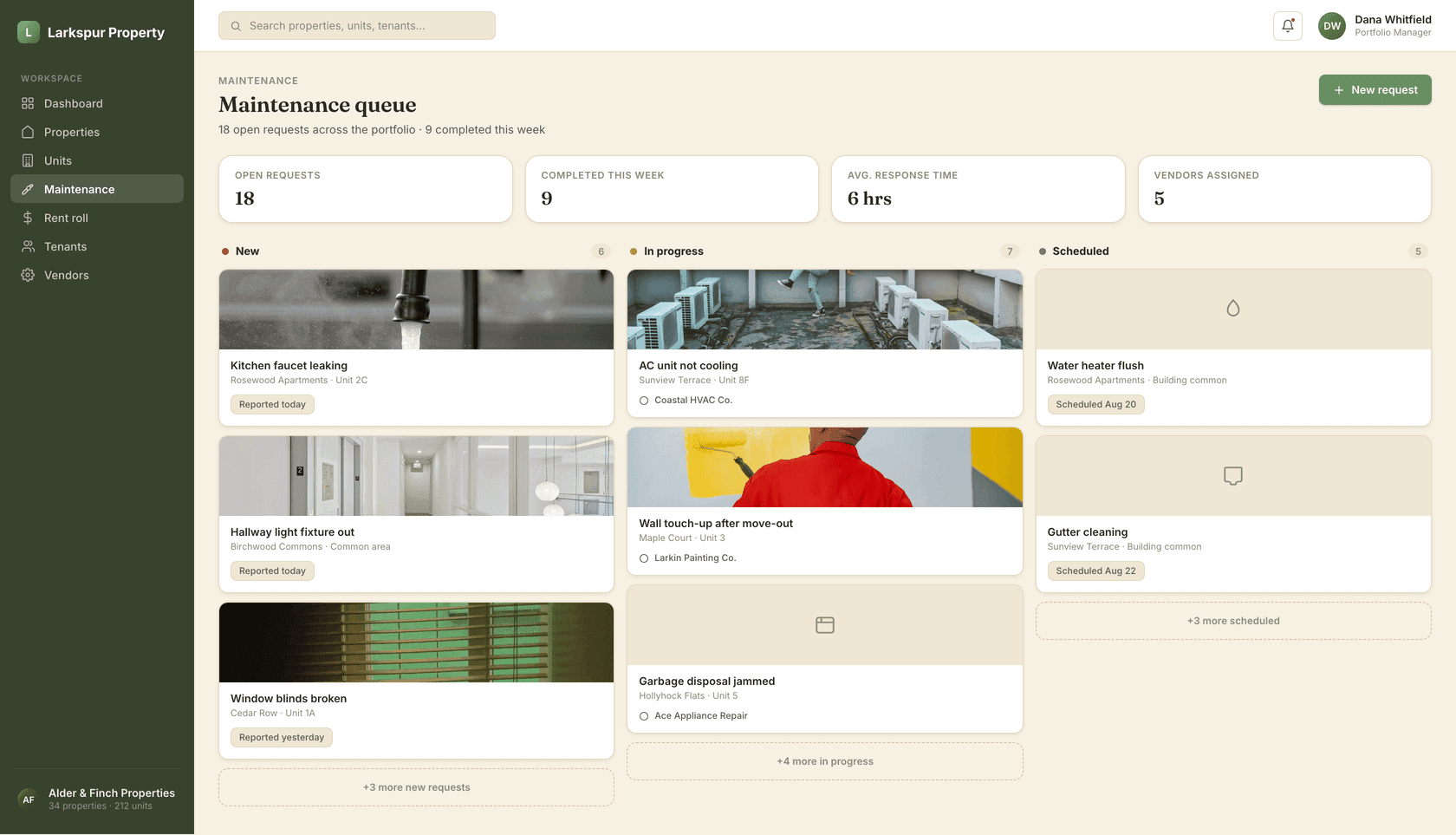 The maintenance queue: 18 open requests across New, In Progress and Scheduled, each with a photo and an assigned vendor.