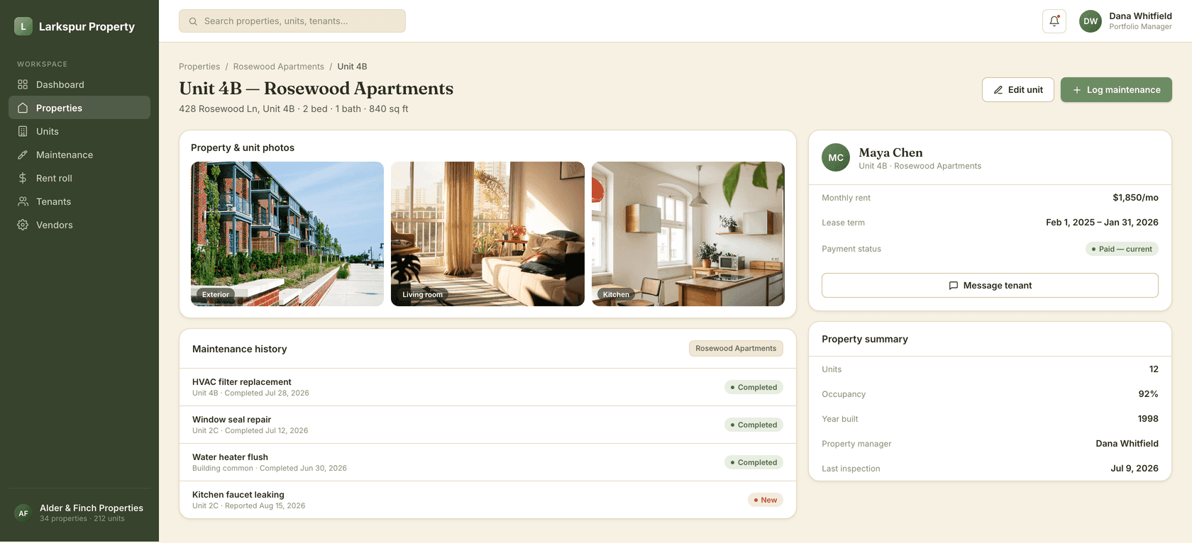 Unit 4B at Rosewood Apartments — photos, the current tenant, lease status and maintenance history in one place.