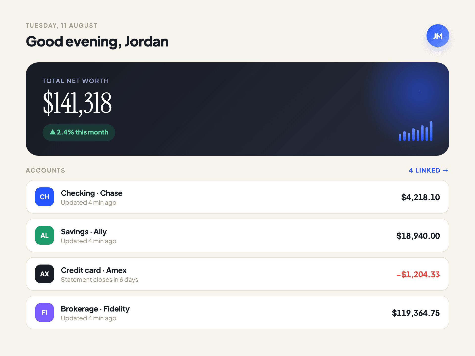 Home: net worth and every linked account, at a glance.
