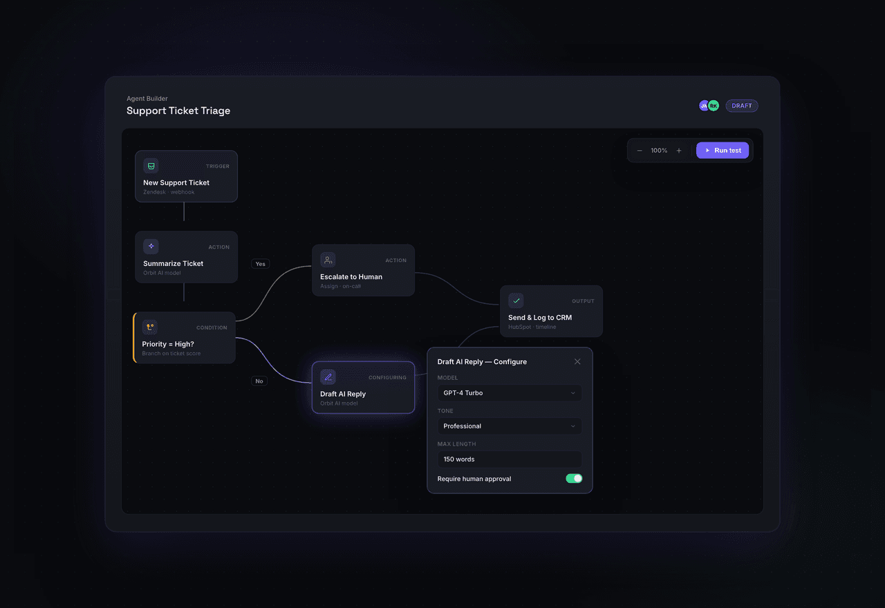 The agent builder: trigger, actions, a branch, an output.