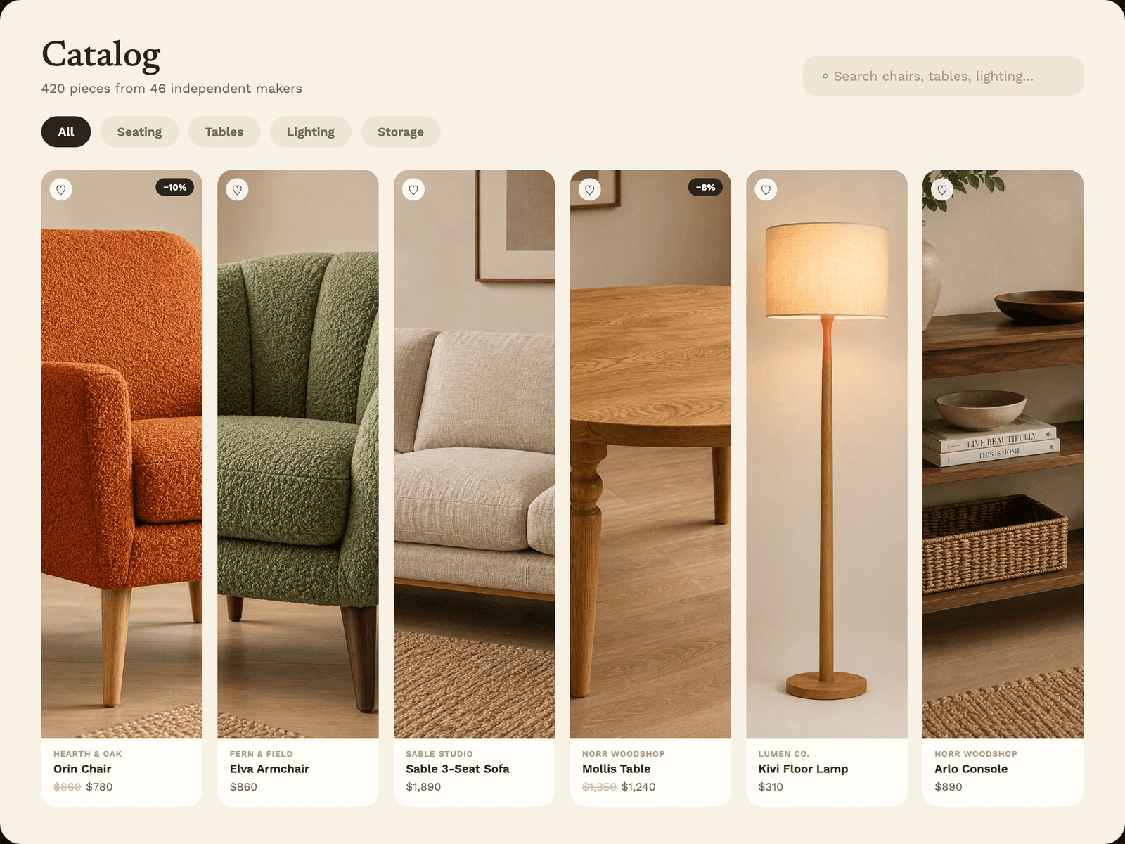 Catalog: 420+ pieces from 46 independent makers, browsable by category.