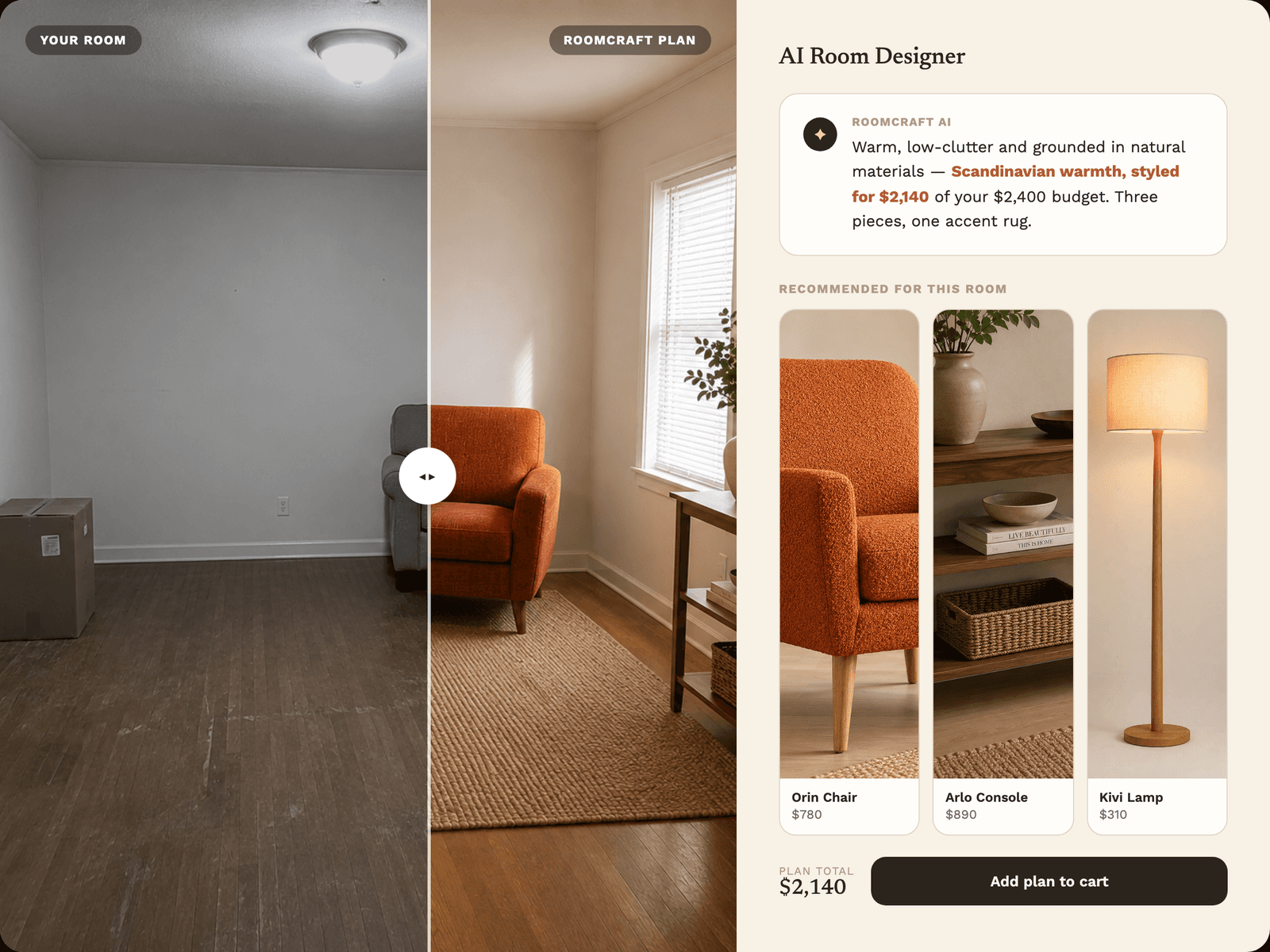 AI Room Designer: upload a room, get a styled plan and a running budget.