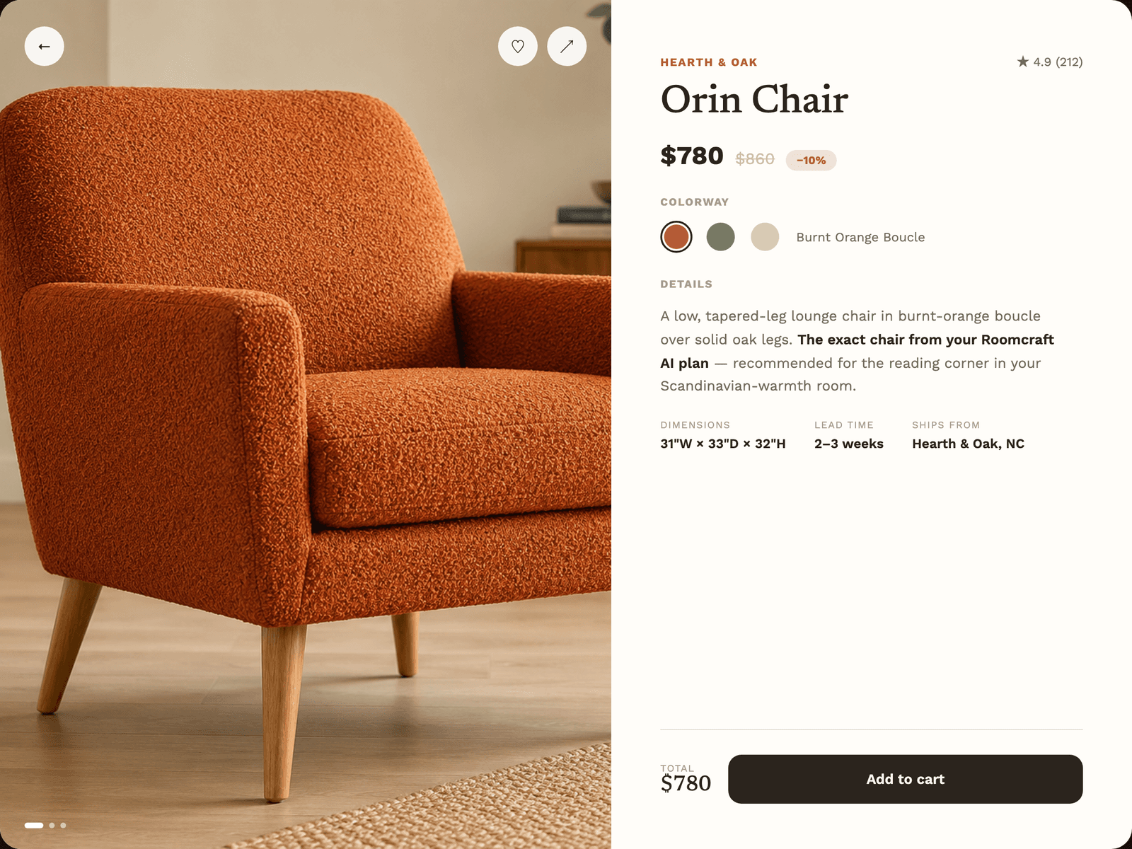 Product detail: the exact chair recommended by the AI room plan, ready to buy.