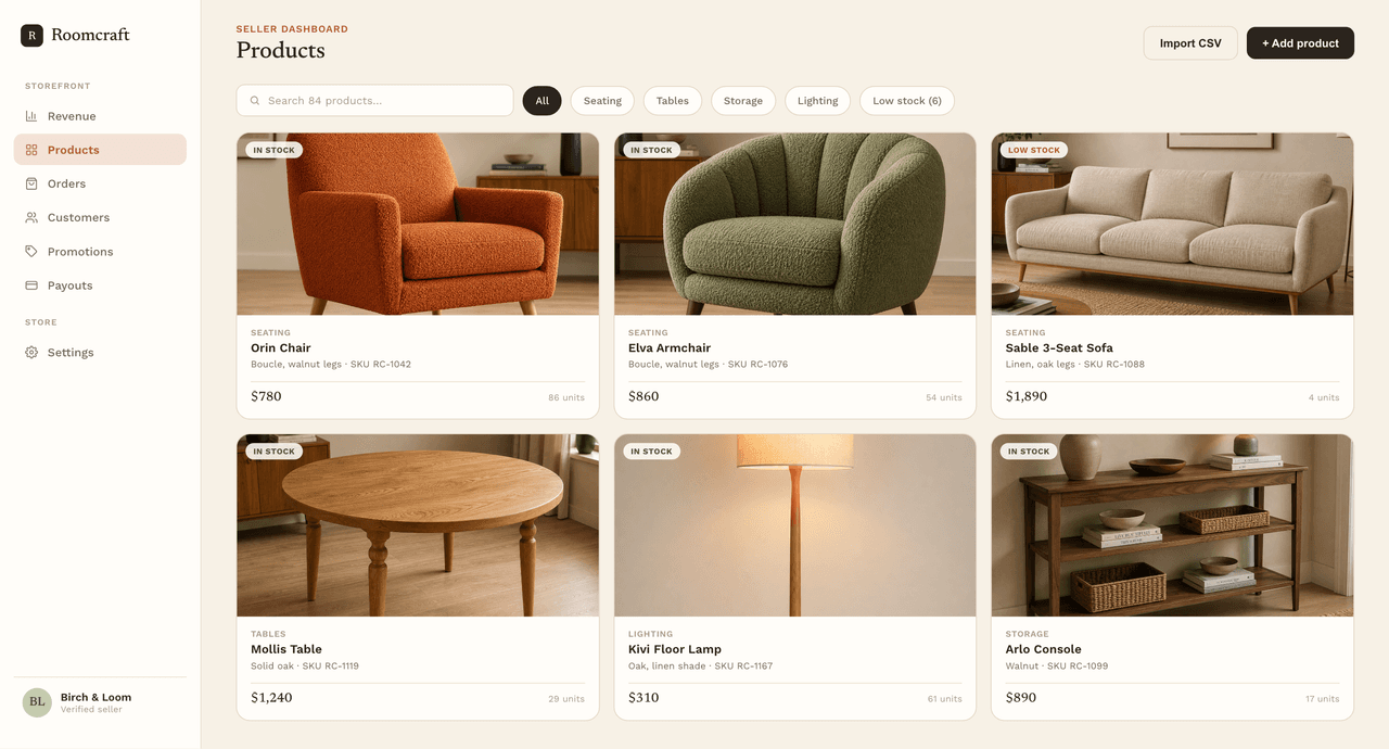 Seller products: inventory, stock levels and pricing per maker storefront.
