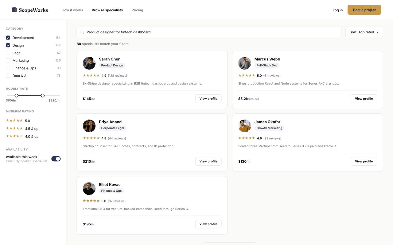 Browse: filterable by category, rate and availability.