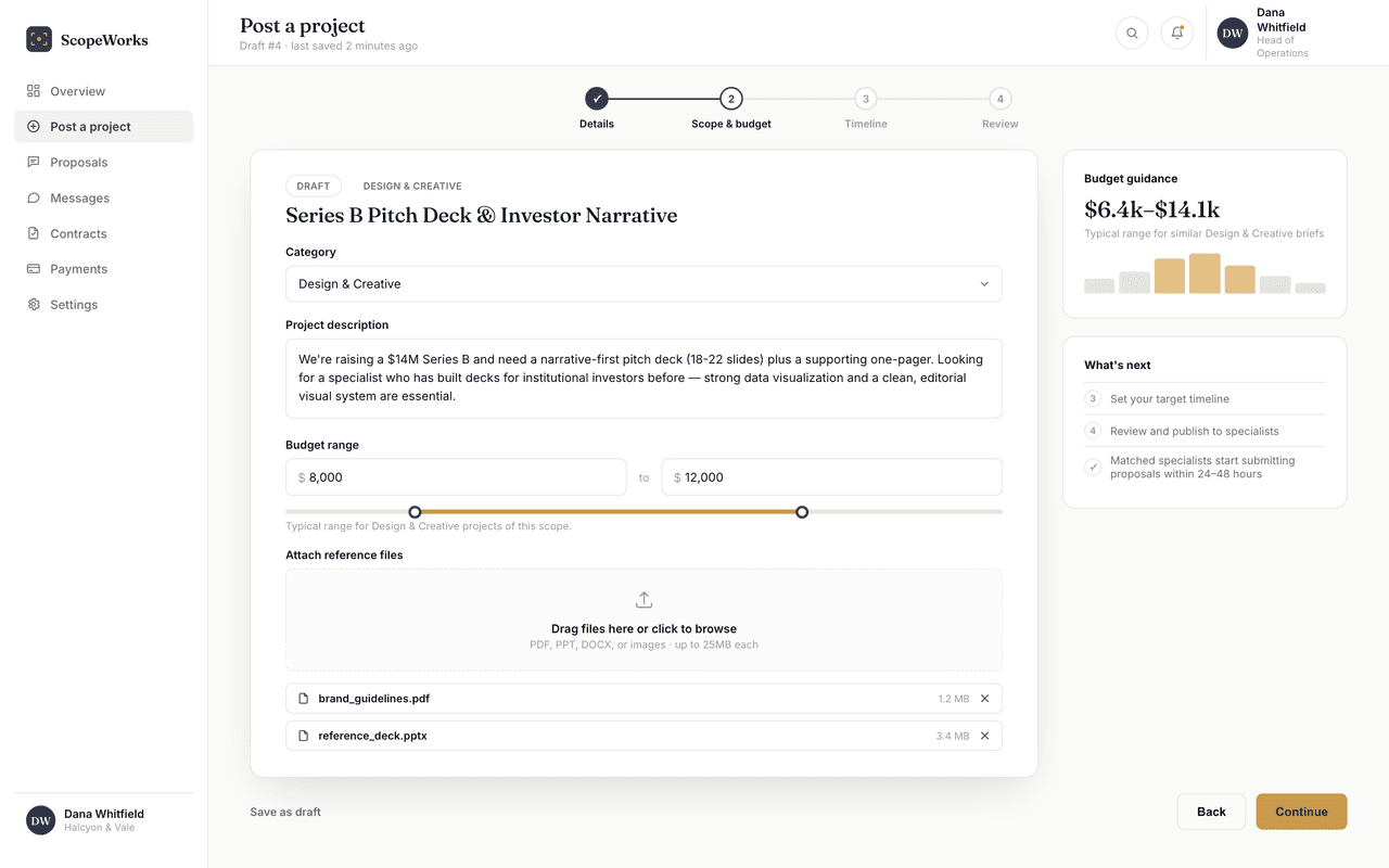 Posting a project — scope, budget and timeline in one flow.