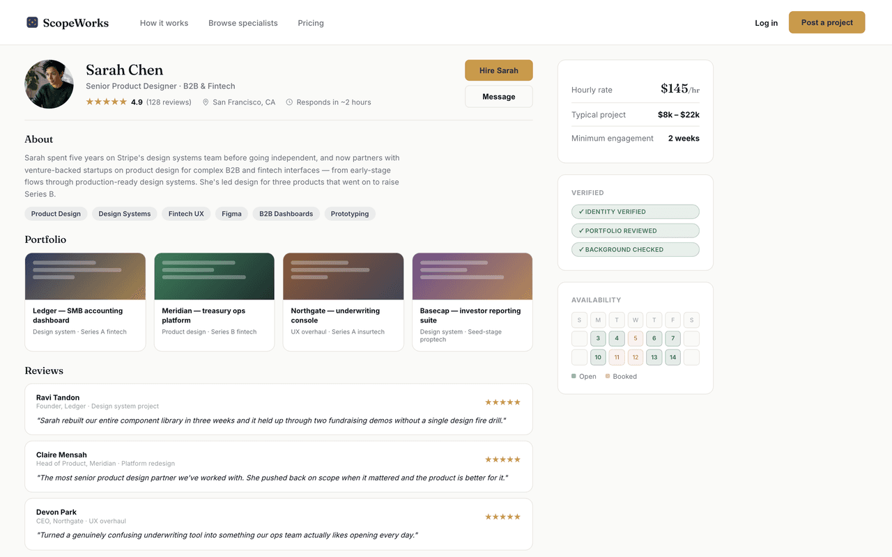 A specialist's full profile — portfolio, reviews and rate card.